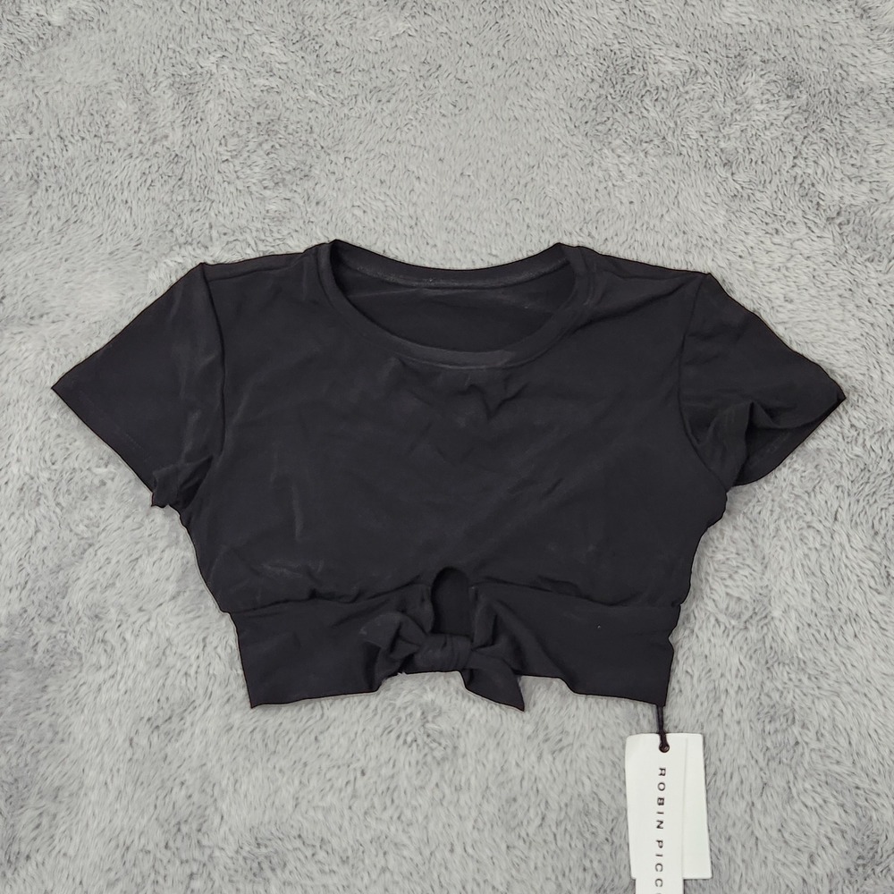 Robin Piccone Swim Top Women XS Black Ava 191709 Short Sleeve Tie Front Crop NWT